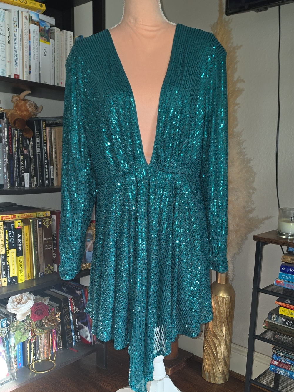 Double Crazy Emerald Teal Sequin Long Sleeve Plunge V Neck Party Dress Size 1XL
